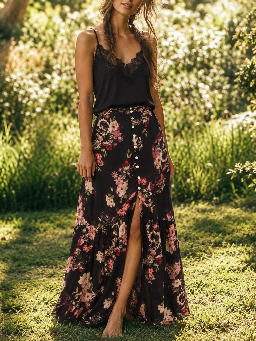Patrons of Peace Gorgeous Floral Paisley Tiered Maxi Skirt Bohemian Cottage, S